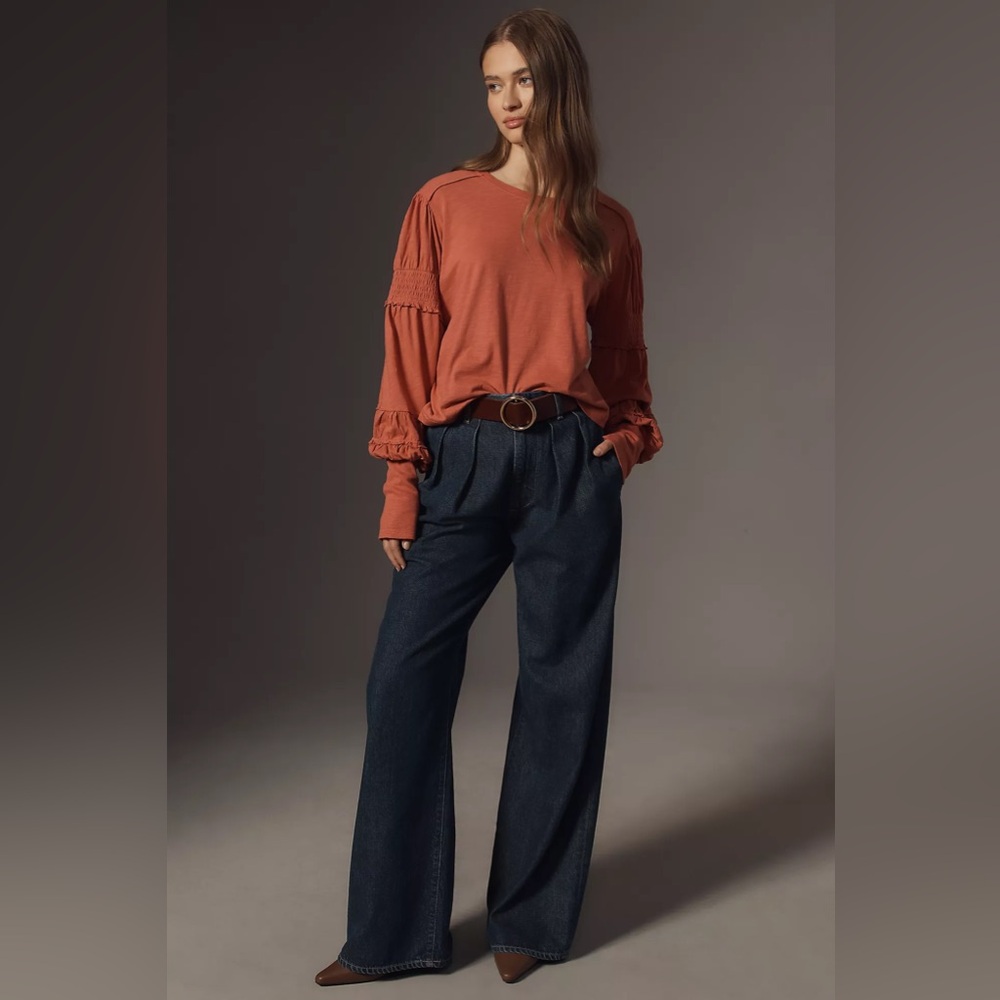 Pilcro Crew-Neck Ruched & Smocked-Sleeve Top